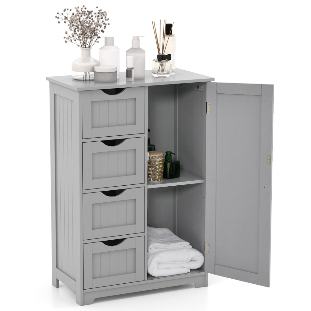 Bathroom Floor Cabinet Storage Organiser Cupboard W/4 Drawers & Adjustable Shelf