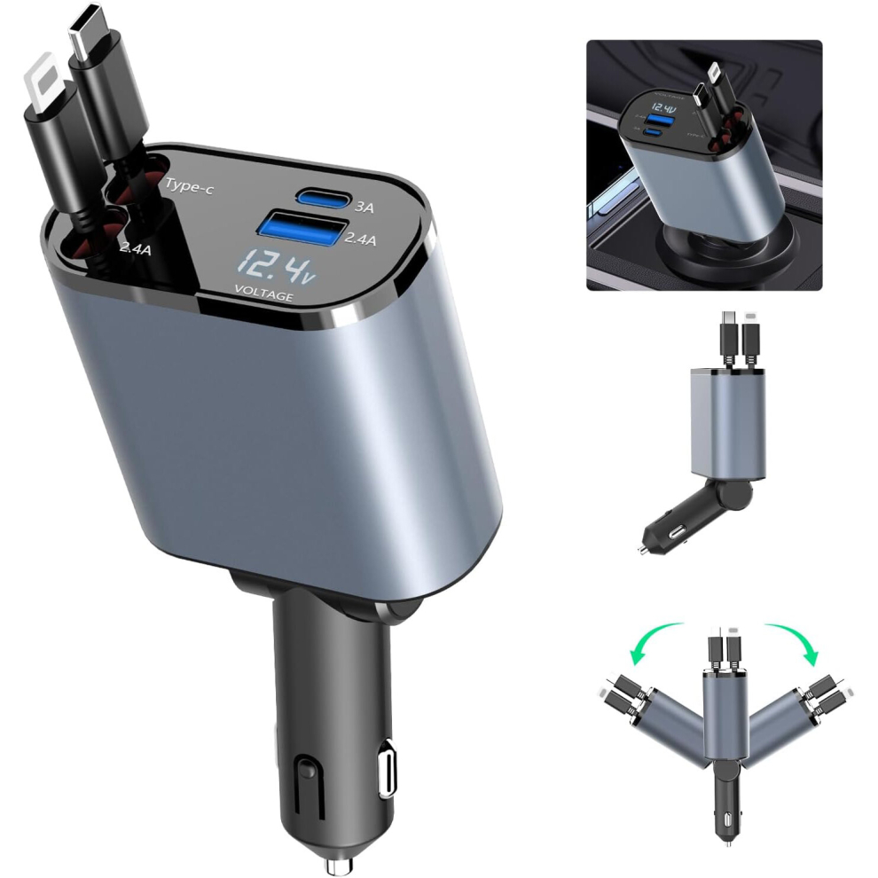 4 IN 1 Retractable Car Charger Cable Dual Port USB C PD Fast Charging Adapter