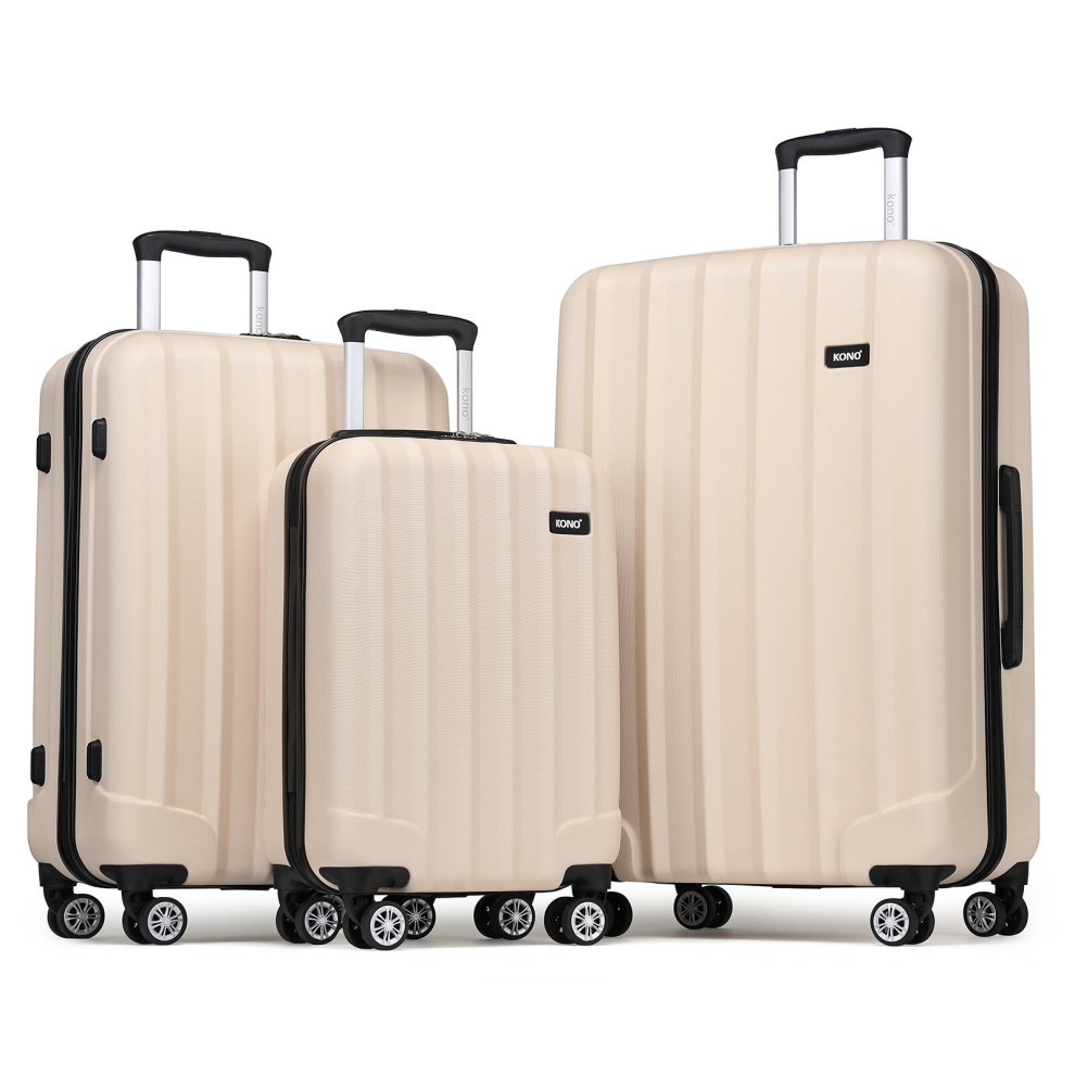 (Beige) KONO 20/24/28 Inch ABS Hard Shell Suitcase Set Travel Cabin Luggage with Spinner 4 Wheels