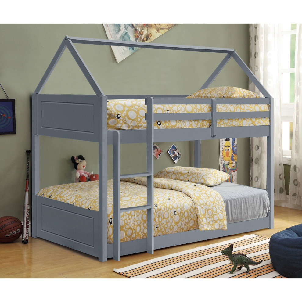 (Grey, No Mattress) 3ft House Style Bunkbed in Natural Grey or White