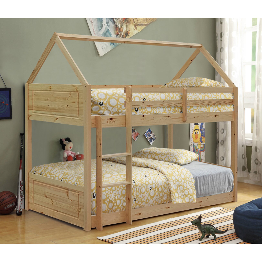 (Natural, No Mattress) 3ft House Style Bunkbed in Natural Grey or White
