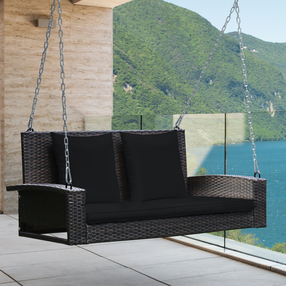 2-Seat Rattan Swing Loveseat Outdoor Hanging Bench W/ Cushions