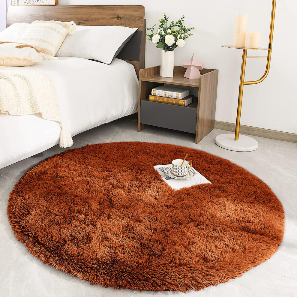 (Rust/ Orange Rugs 120 x 120 cm) Shaggy Rugs Circle Round Rug Carpet Soft Fluffy