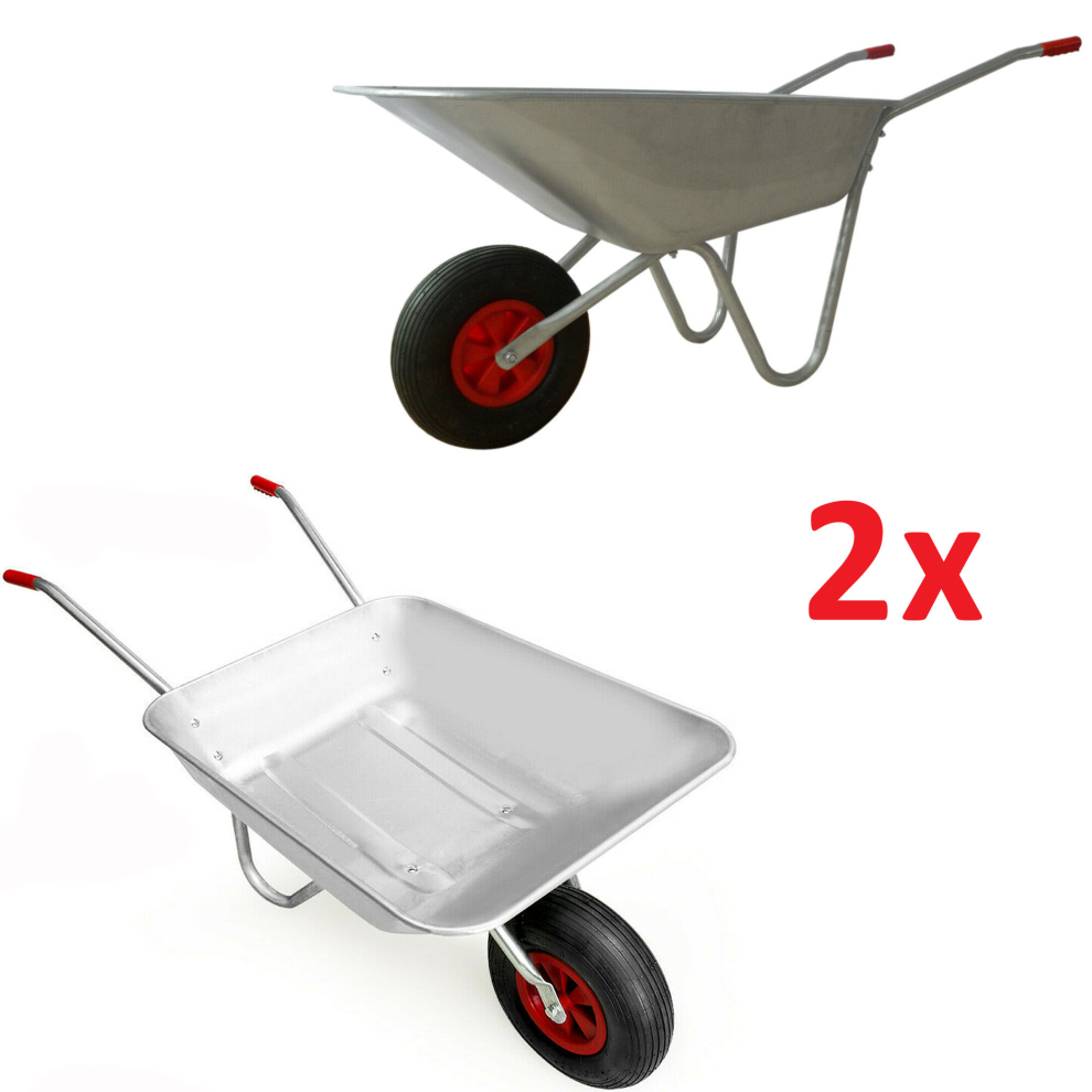 ( Pack of 2 )  65L Metal Heavy Duty Galvanised Wheelbarrow 12" Pneumatic Inflatable Tyre Garden