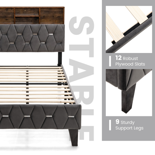 Casart Single Platform Bed Frame Upholstered Slat Bed W/ Storage Headboard 1