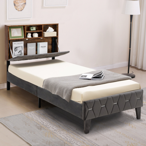 Casart Single Platform Bed Frame Upholstered Slat Bed W/ Storage Headboard
