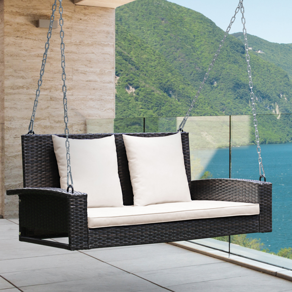 2-Seat Rattan Swing Loveseat Outdoor Hanging Bench W/ Cushions