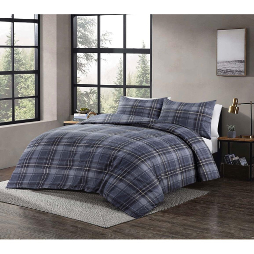 (King) Kampala Hill Reversible Checked Geometric Duvet Cover Set Bedding and Pillowcases Indigo Blue