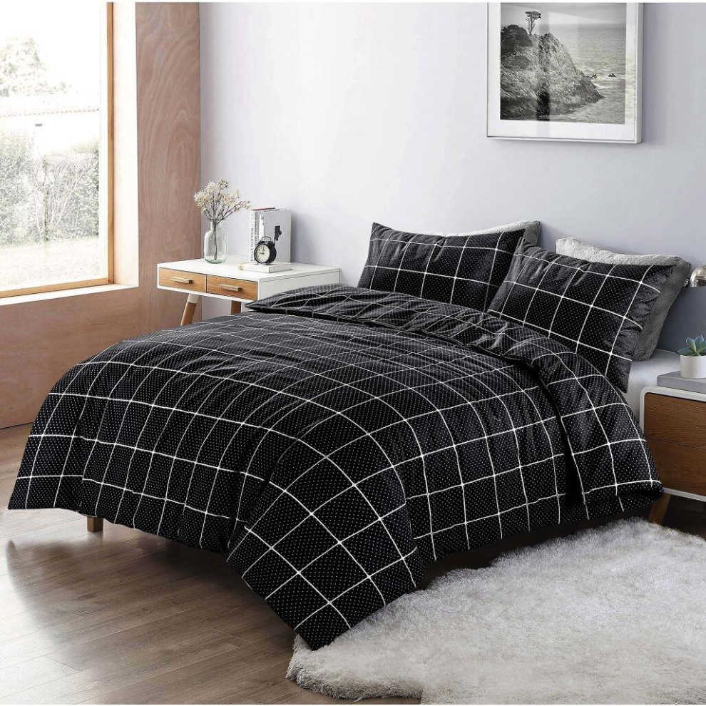 Kampala Hill (Double, Black) Reversible Geometric Stripes And Dots Duvet Cover Set Black Or Grey Bedding Set