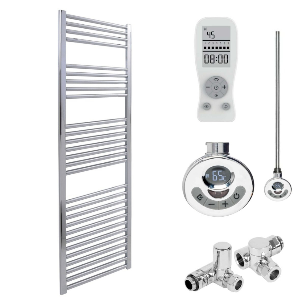 (50 Cm, 14 Cm) Bray Straight Heated Towel Rail / Warmer, Chrome - Dual Fuel, Thermostat + Timer 5056046266370