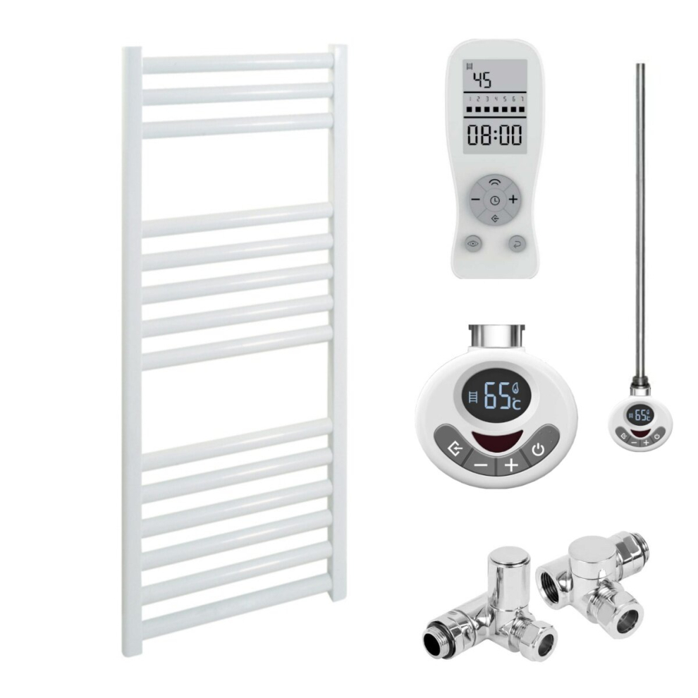 (30 Cm, 80 Cm) Bray Straight Heated Towel Rail / Warmer, White - Dual Fuel, Thermostat + Timer 800 300 5056046203313