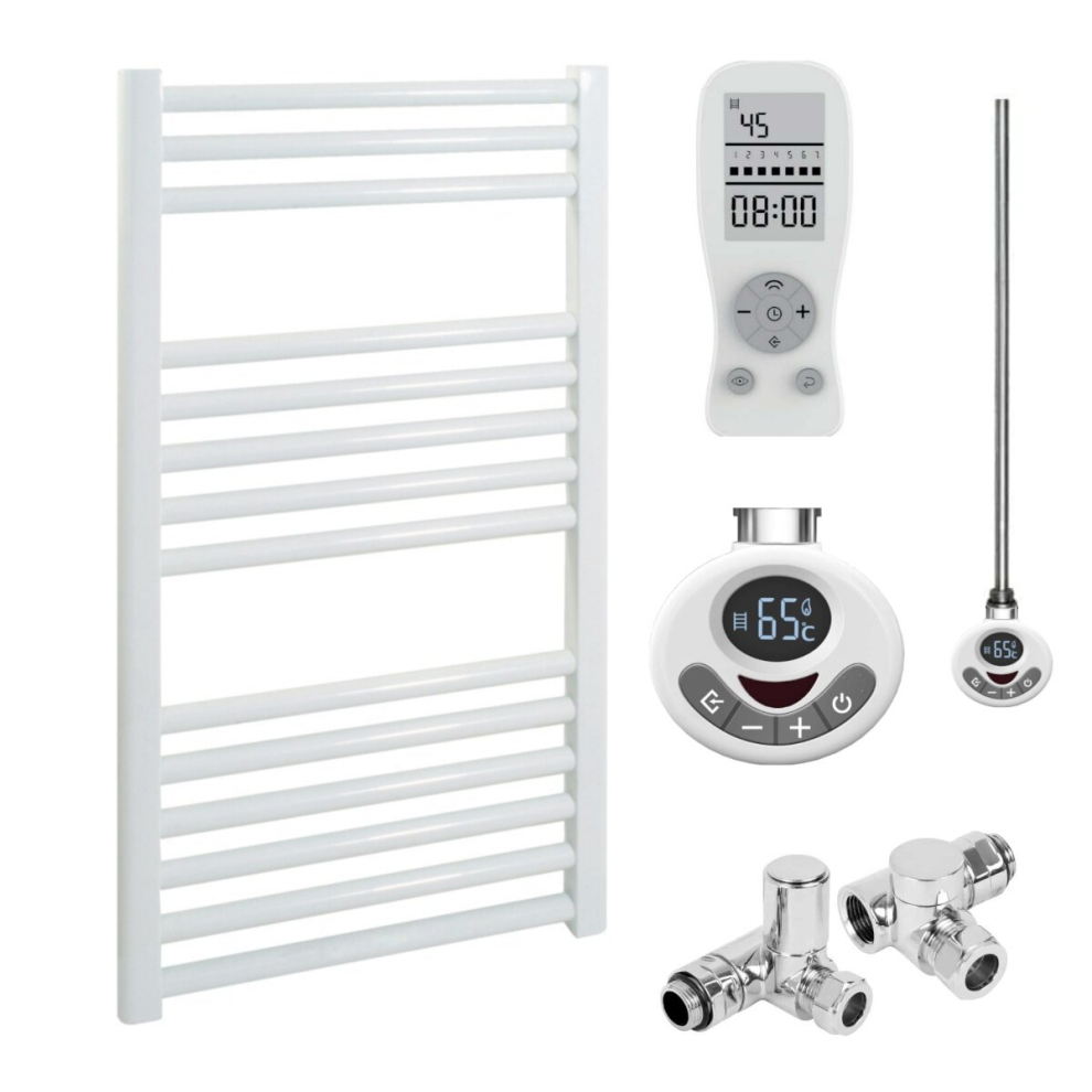 (50 Cm, 80 Cm) Bray Straight Heated Towel Rail / Warmer, White - Dual Fuel, Thermostat + Timer 800 300 5056046203337