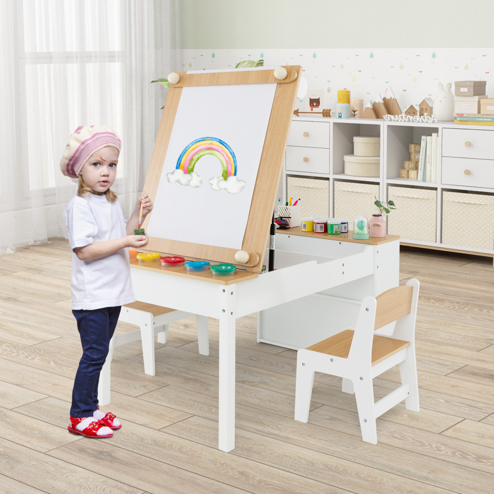 2-in-1 Table and Easel Set W/ Chairs Toddler Play Activity Drawing Desk Side Storage