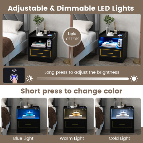 Costway Bedside Table LED Light Sofa End Table W/ Drawer & Charge Station 2