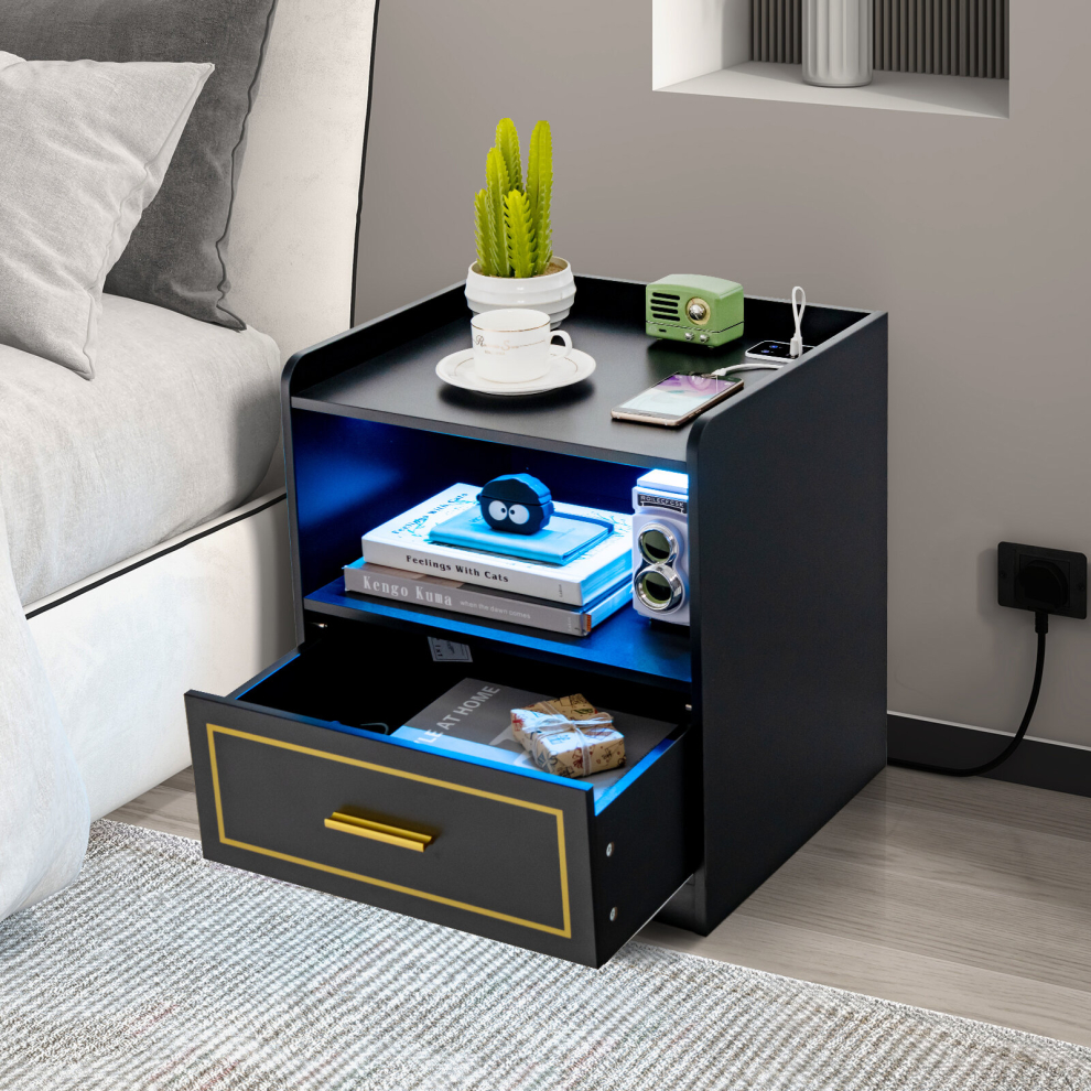 Bedside Table LED Light Sofa End Table W/ Drawer & Charge Station