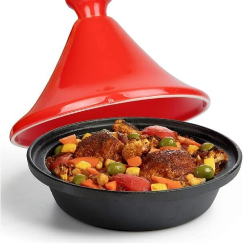 VG ® Tagine Moroccan Cast Iron Pot 30cm Dia, Casserole, Red Enameled Ceramic Conical Lid locks in steam continuously Bastes 500 F Oven Safe Induction