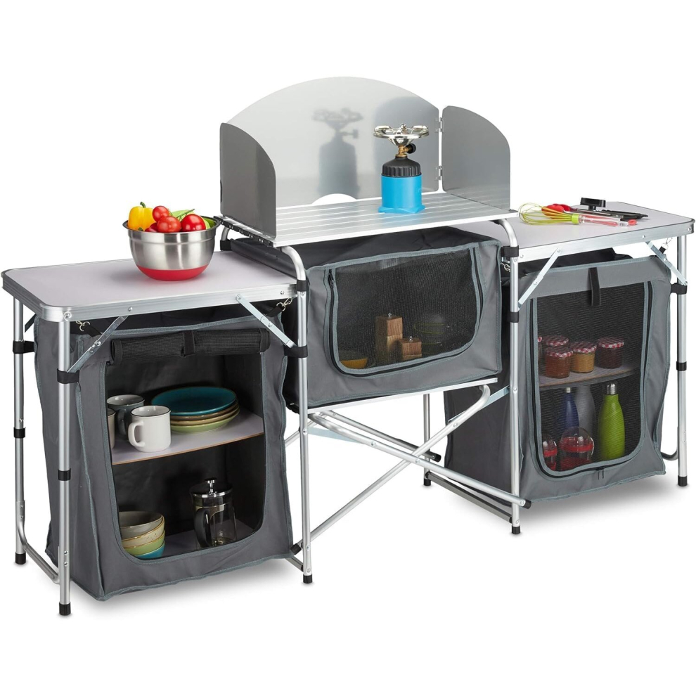 DWD Aluminum Portable Grey Fold-Up Camping Kitchen with Windscreen & 5 Enclosed Cupboard,Cook Station, BBQ, Camping, Picnic,Kitchen Mesh-Door Storage