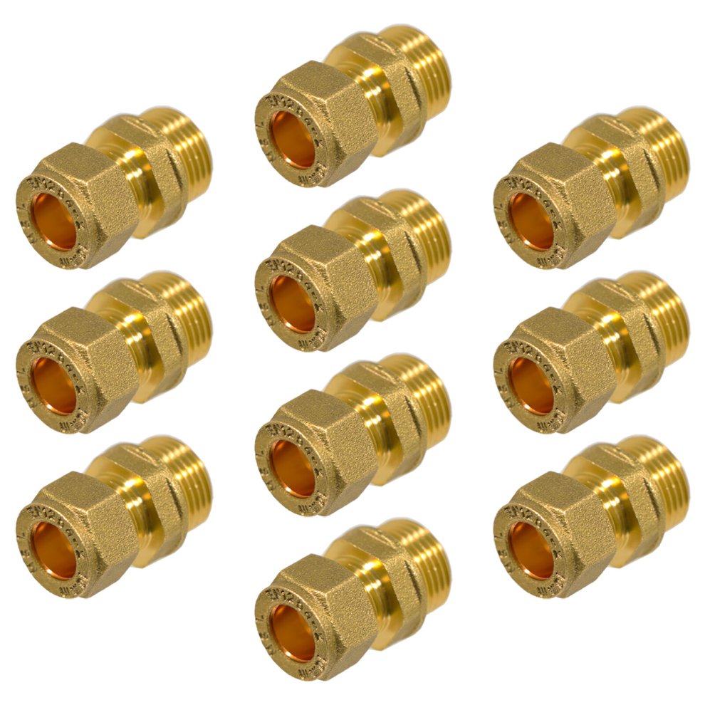 Compression Connector 10mm x 3/8" BSP Male Straight Brass Pipe Coupler Adaptor Fitting (Pack of 10)