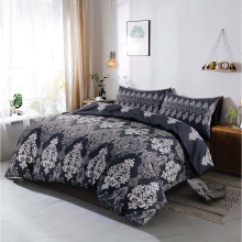 (Black, Super King) Printed Floral Reversible Stripe Tanya Bedding Set