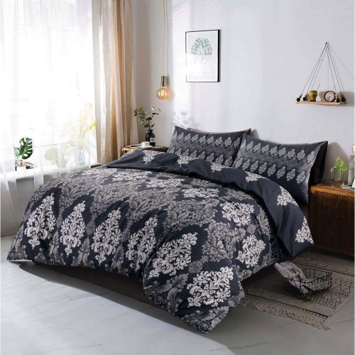 (Black, Super King) Printed Floral Reversible Stripe Tanya Bedding Set