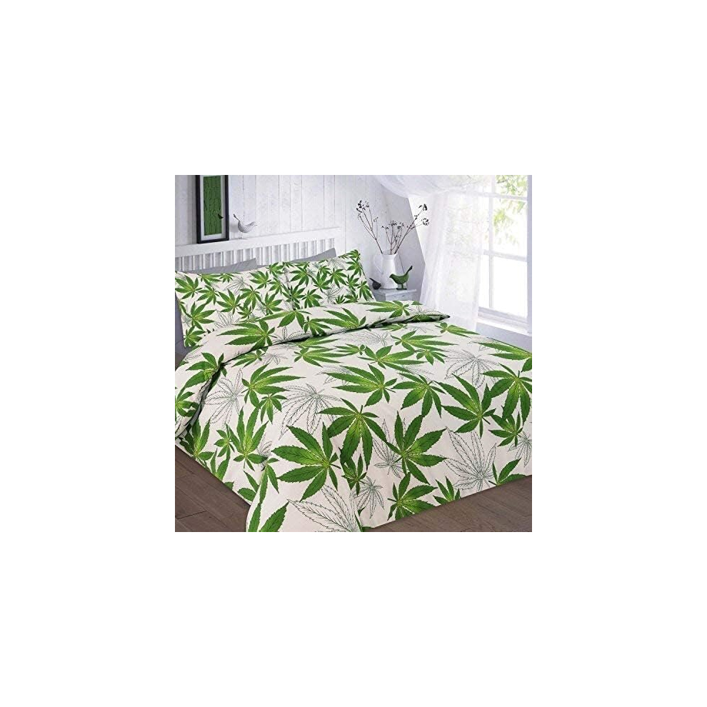 (White/Green, Double) Leaf Floral Cannabis Marijuana Weed Duvet Set