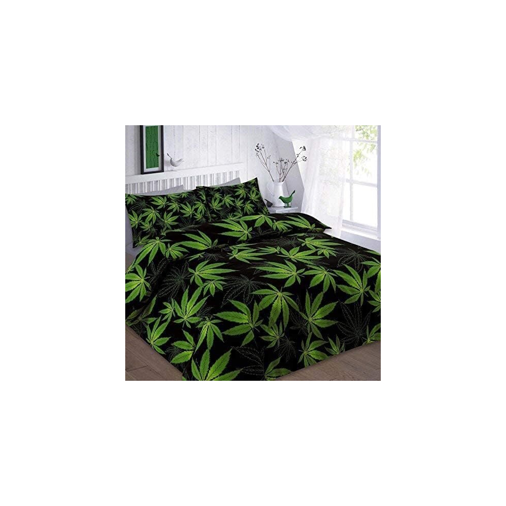 (Black/Green, King) Leaf Floral Cannabis Marijuana Weed Duvet Set