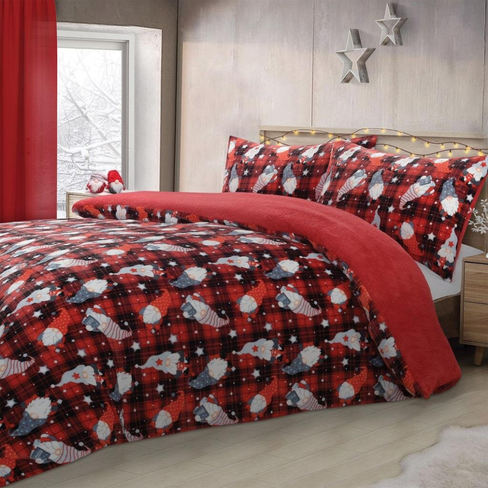(Single) Teddy Fleece Gonks Duvet Set Check warm Cosy Soft
