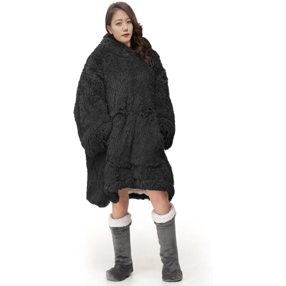 (Black) Blanket Hoodie Oversized Teddy Cuddles Long Fur