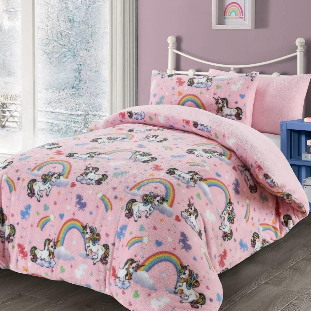 (Single) Teddy Bear Fleece Unicorn Pink Soft Warm Kids Duvet Set