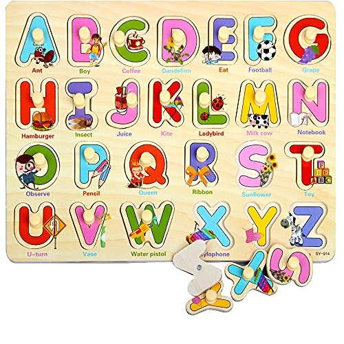 ZoneYan Wooden Peg Puzzles for Toddlers - Safe Natural Wood, Non-Toxic Paint, Easy-Grip Pegs, 30x22 cm, Letters, Numbers and Occupations