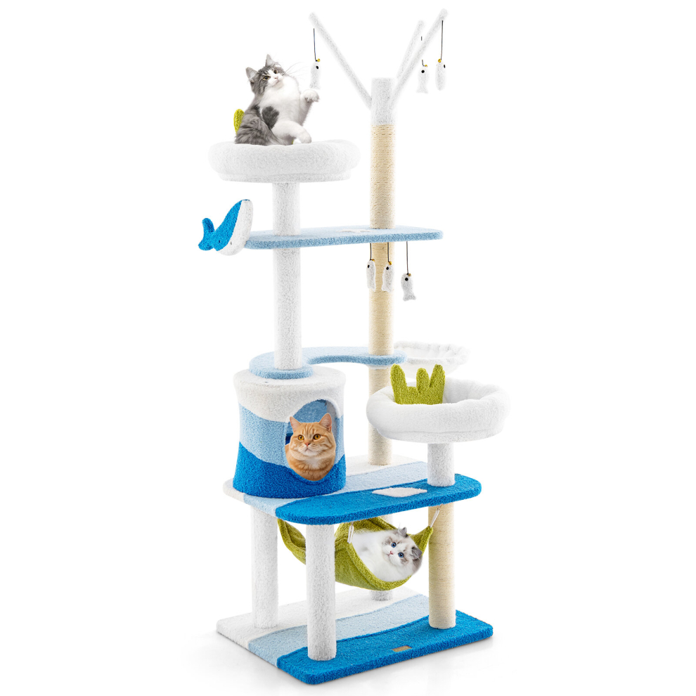 5-Layer Teddy Fleece Cat Tree Tower W/ Scratching Posts &Ocean-themed Condo Activity Centre