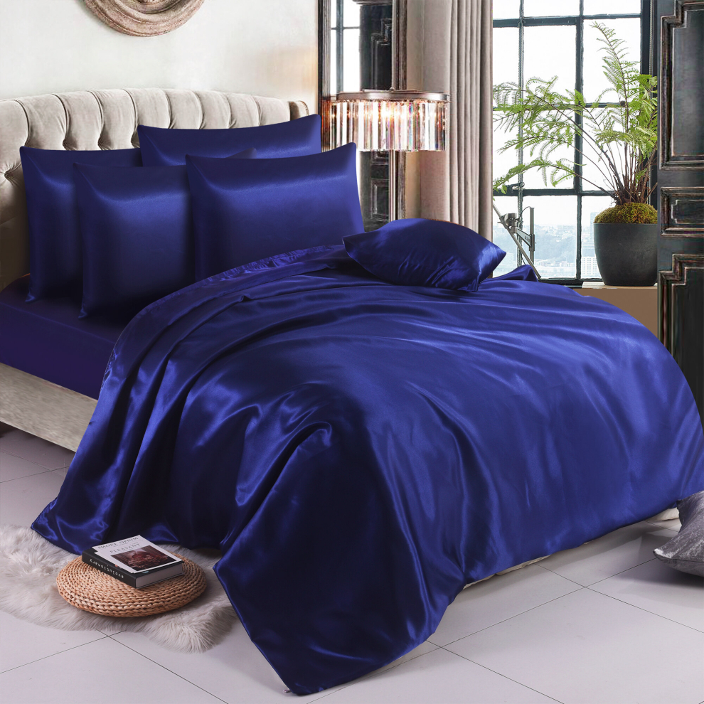 (King, Navy) 6PCS SATIN BEDDING SET DUVET COVER FITTED SHEET 4 PILLOW CASES