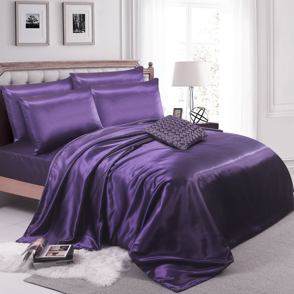 (Super King, Aubergine) 6PCS SATIN BEDDING SET DUVET COVER FITTED SHEET 4 PILLOW CASES