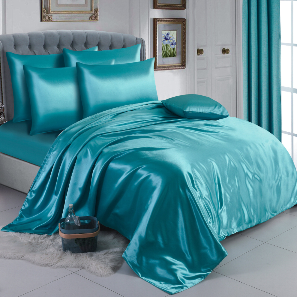 (Double, Teal) 6PCS SATIN BEDDING SET DUVET COVER FITTED SHEET 4 PILLOW CASES