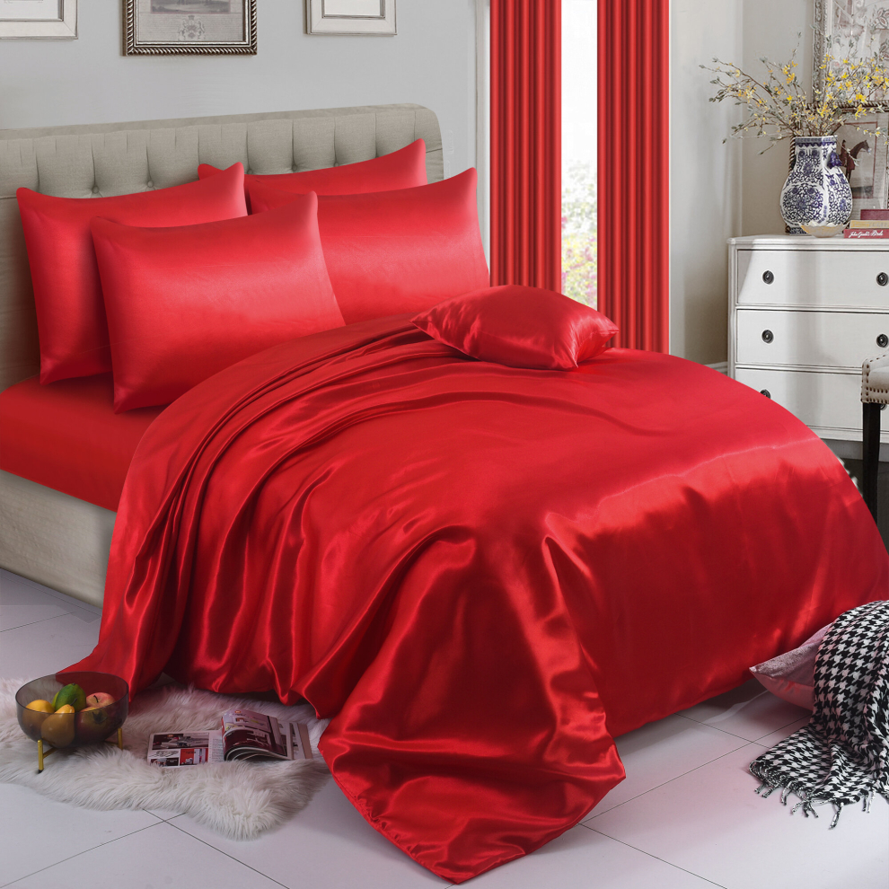 (King, Red) 6PCS SATIN BEDDING SET DUVET COVER FITTED SHEET 4 PILLOW CASES