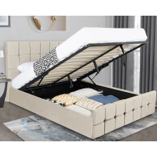 (Beige, Single) Ottoman Storage Bed Frame Gas Lift Velvet Fabric