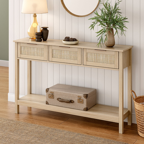 Living And Home 3 Drawer Rustic Wooden Console Table with Bottom Shelf