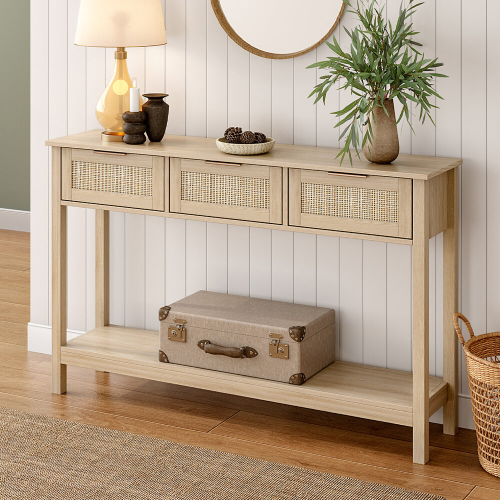 3 Drawer Rustic Wooden Console Table with Bottom Shelf
