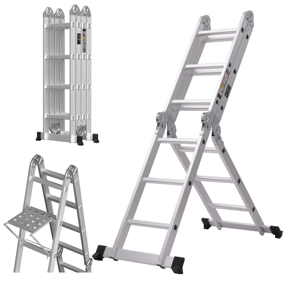 Step Ladder 4.7M, 14 in 1 Folding Ladder with Tool Tray Multi-Purpose Aluminium Extension Ladder Foldable 150kg Capacity