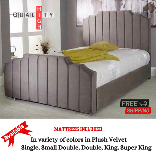(Small Double-4ft, Blue Plush) Modern Designer Panel Bed Frame Plush Velvet with Mattress