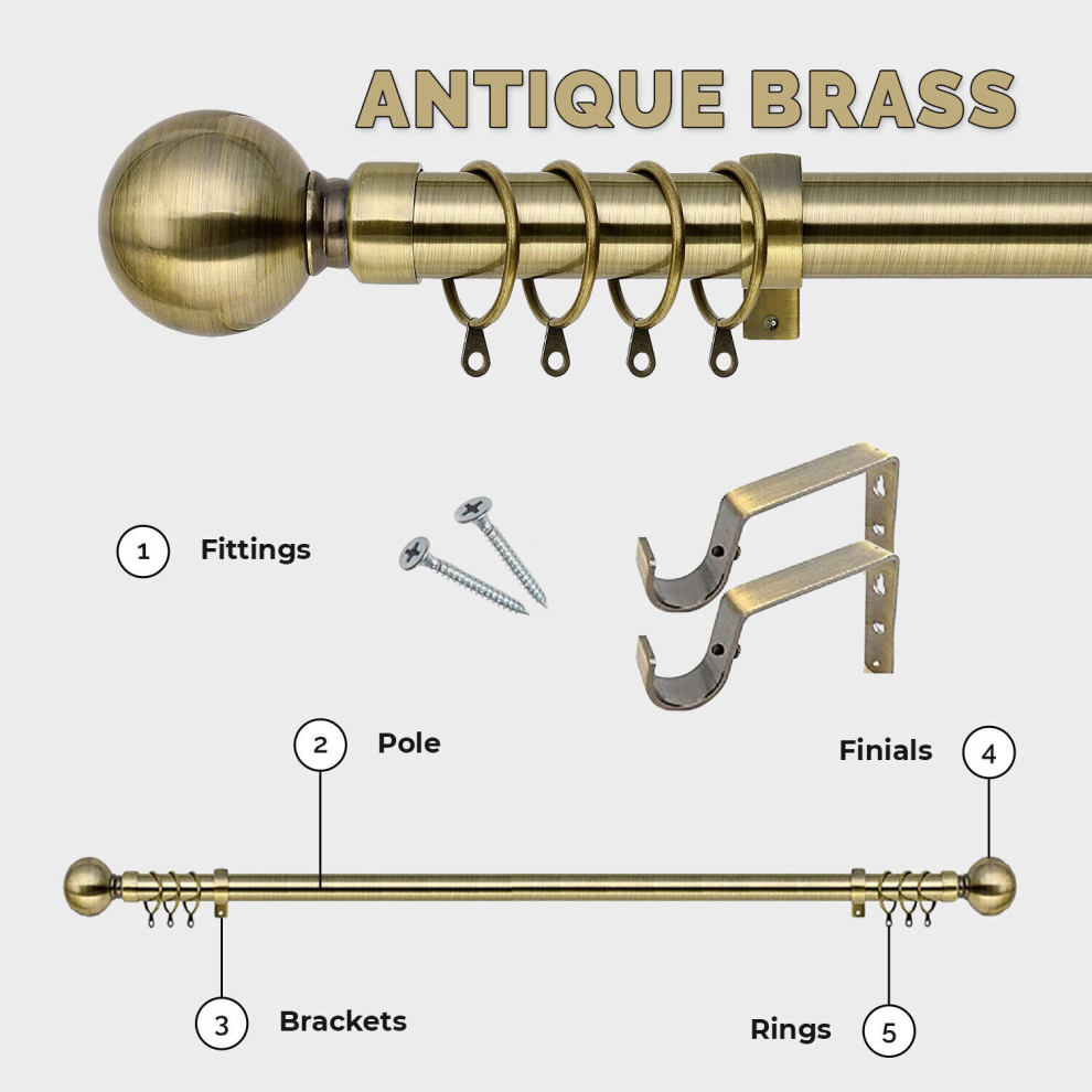 (Antique Brass - Plain Ball, 160-300 cm (63" -118" In)) Extendable Metal Curtain Poles 28mm With Rings Finials Fittings & Brackets