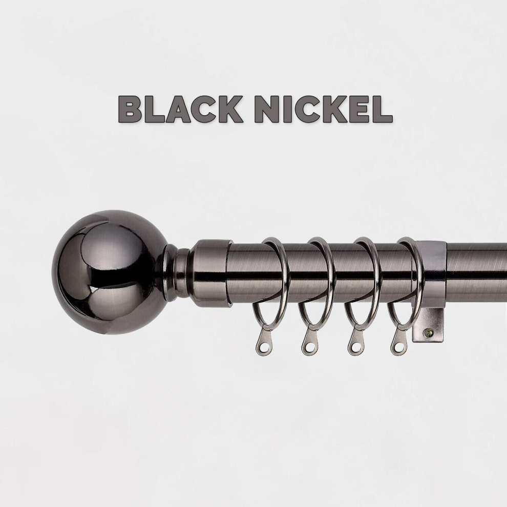 (Black Nickel - Plain Ball, 160-300 cm (63" -118" In)) Extendable Metal Curtain Poles 28mm With Rings Finials Fittings & Brackets