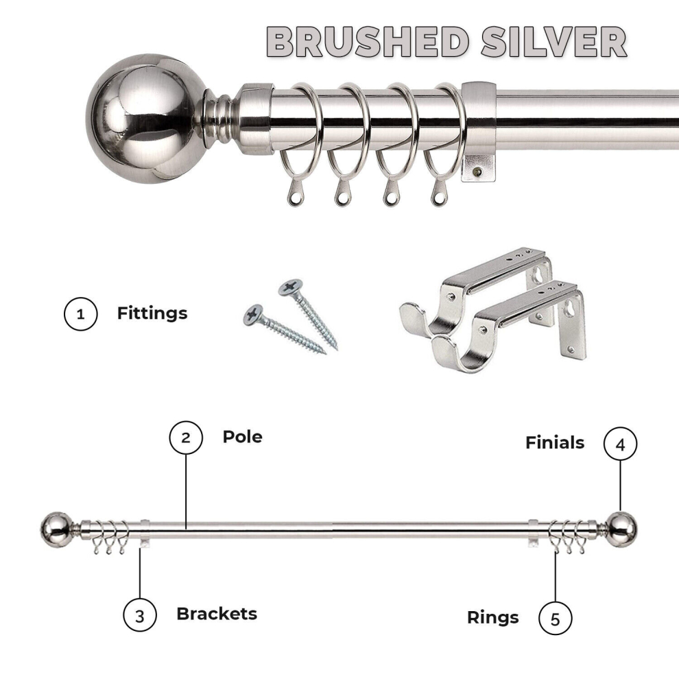 Oxford Homeware (Brushed - Plain Ball, 160-300 Cm (63" -118" In)) Extendable Metal Curtain Poles 28Mm With Rings Finials Fittings & Brackets Silver