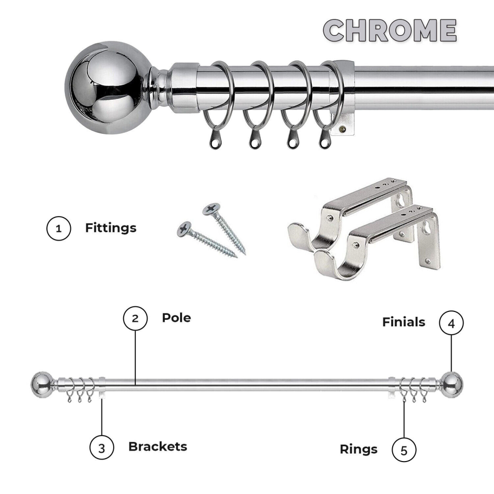 (Chrome - Plain Ball, 160-300 cm (63" -118" In)) Extendable Metal Curtain Poles 28mm With Rings Finials Fittings & Brackets