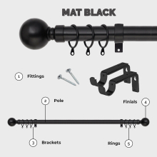 (Matt Black - Plain Ball, 160-300 cm (63" -118" In)) Extendable Metal Curtain Poles 28mm With Rings Finials Fittings & Brackets