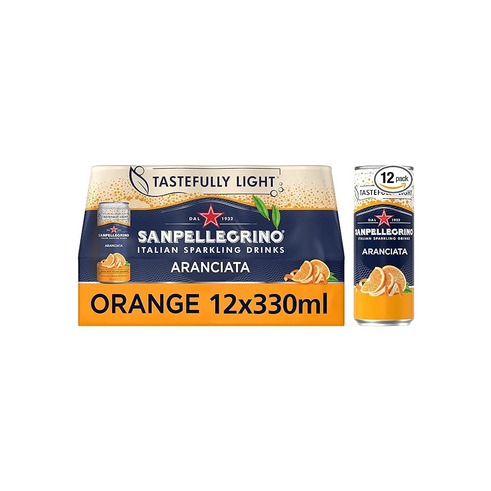 San Pellegrino Italian Sparkling Drinks Tastefully Light Sparkling Orange Canned Soft Drink 12 x 330ml  64k Cals per Can