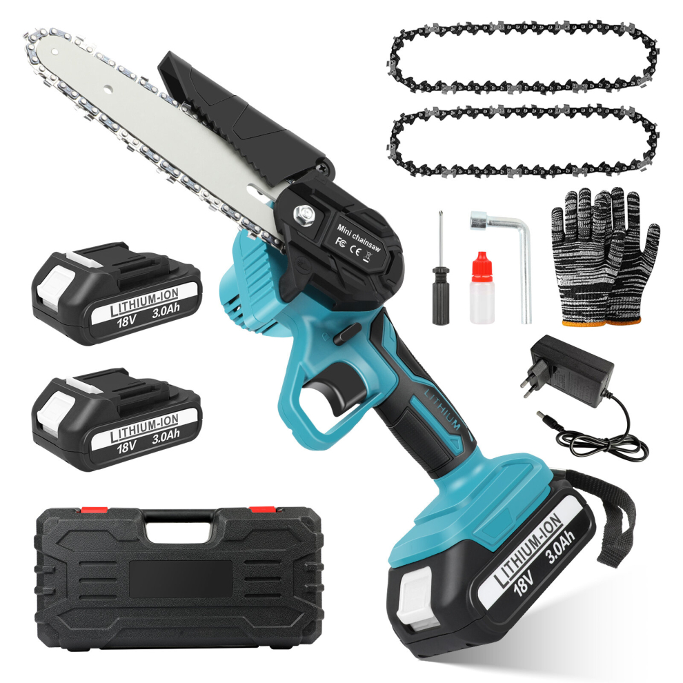 Mini Cordless Electric Chainsaw +2 x 3.0Ah Battery +Charger with 6inch Guide Plate+2 x 6inch Chain for Tree Trimming & Wood Cutting