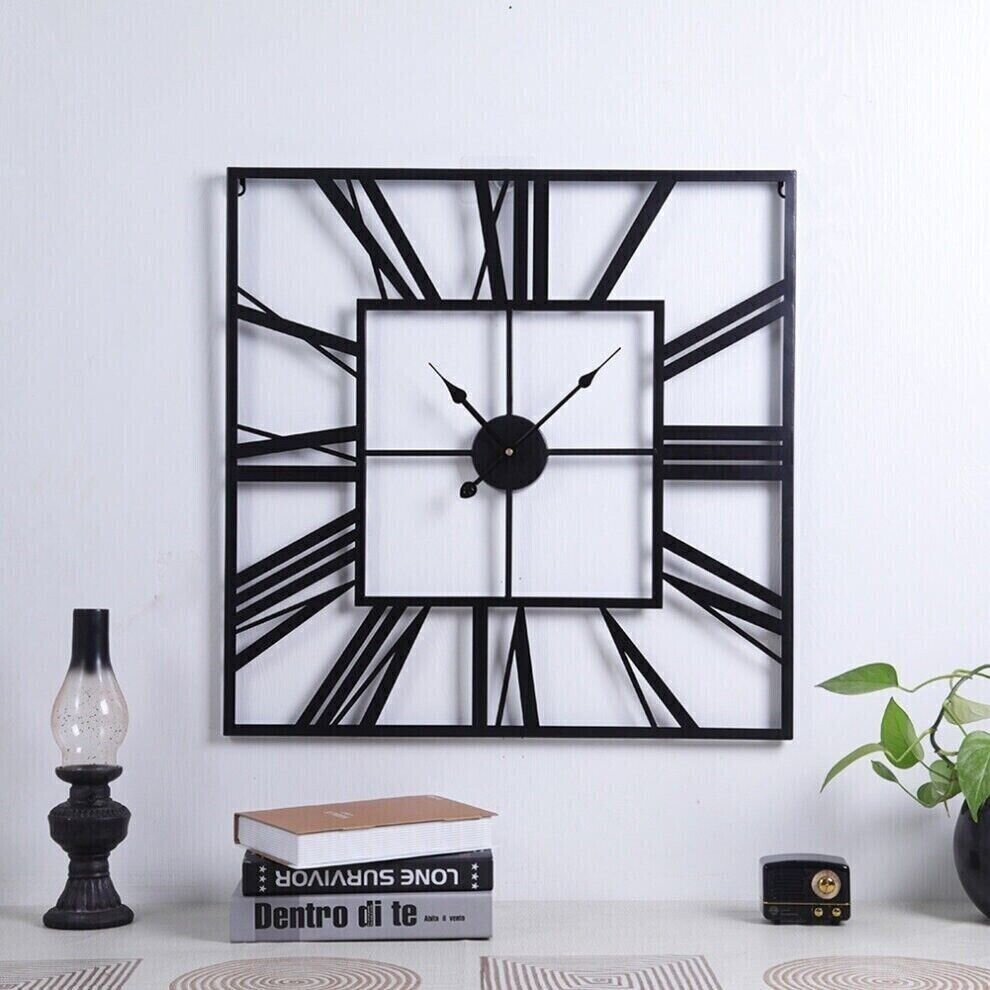 60CM Large Square Shape Metal Skeleton Roman Numeral Wall Clock Black