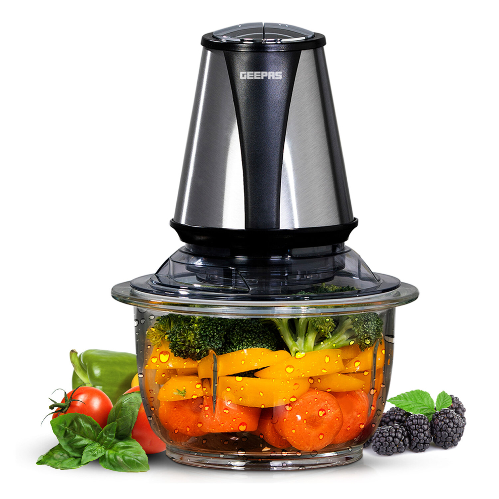 Geepas 400W Mini Food Processor 1.2L Glass Jar Food Chopper Mixer Electric Vegetable Cutter Perfect for Salads Salsa Pesto Curry Pastes