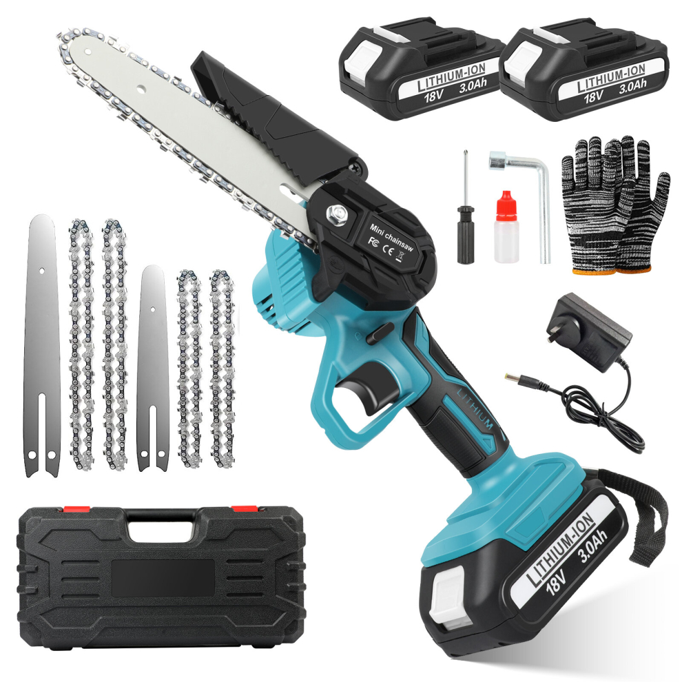 Mini Cordless Electric Chainsaw +2 x 3.0Ah Battery +Charger with 4+6inch Guide Plate+2 x4inch Chain for Tree Trimming & Wood Cutting